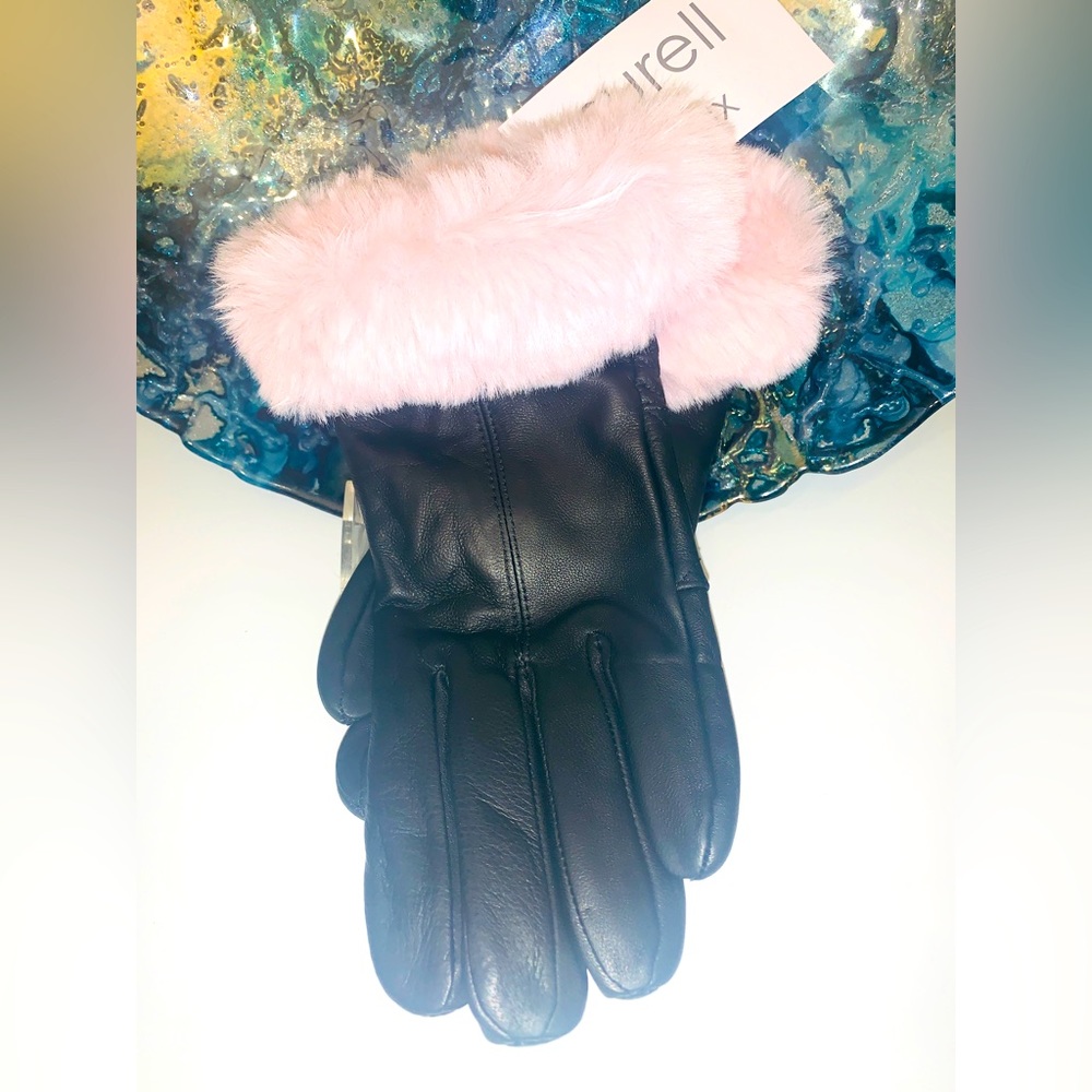 Surell Black Genuine Leather Faux Pink Fur Gloves Large